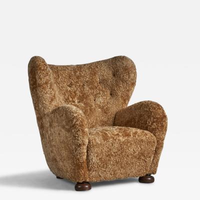 Flemming Lassen Attribution Lounge Chair with Shearling and Wood Denmark 1940s