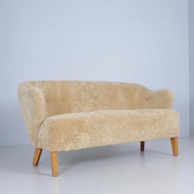 Flemming Lassen Flemming Lassen Ingeborg Sofa in Beech and Honey Sheepskin Asko 1950s