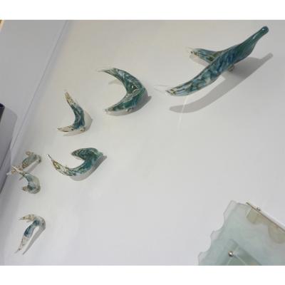 Flight of Aquamarine Birds Contemporary Blown Glass Modern Art Wall Sculpture