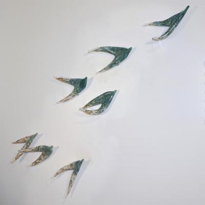 Flight of Aquamarine Birds Contemporary Blown Glass Modern Art Wall Sculpture