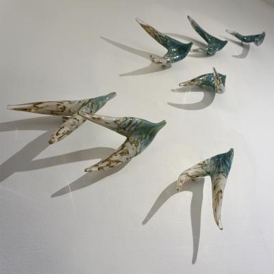 Flight of Aquamarine Birds Contemporary Blown Glass Modern Art Wall Sculpture