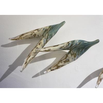 Flight of Aquamarine Birds Contemporary Blown Glass Modern Art Wall Sculpture