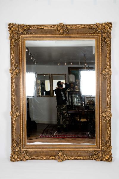 Floor Length Ornately Giltwood Hanging Beveled Wall Mirror