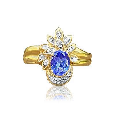 Floral Blue Dominant Tanzanite Ring in 14k Yellow Gold and Diamond Ring