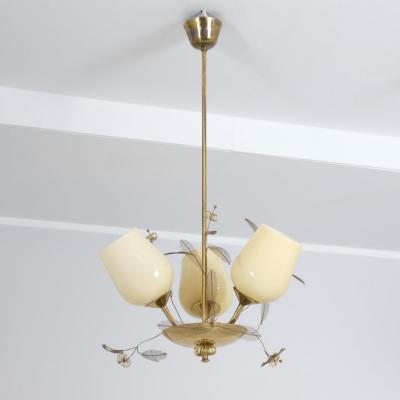 Floral Ceiling Lamp in Style of Paavo Tynell Brass and Glass Finland 1950s