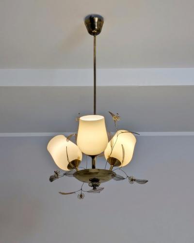 Floral Ceiling Lamp in Style of Paavo Tynell Brass and Glass Finland 1950s