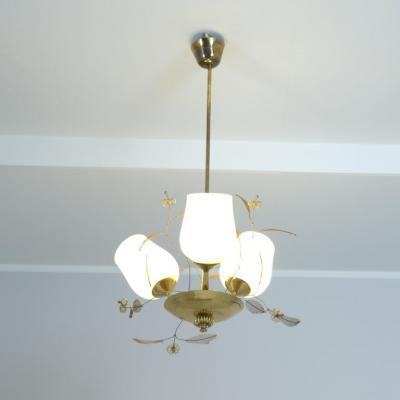 Floral Ceiling Lamp in Style of Paavo Tynell Brass and Glass Finland 1950s