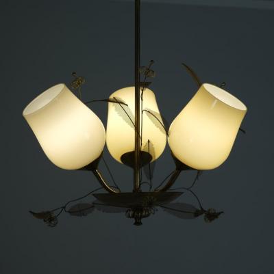 Floral Ceiling Lamp in Style of Paavo Tynell Brass and Glass Finland 1950s