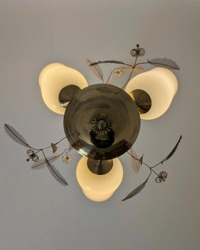 Floral Ceiling Lamp in Style of Paavo Tynell Brass and Glass Finland 1950s
