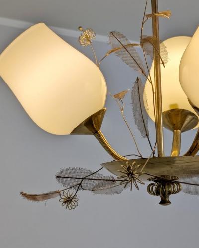 Floral Ceiling Lamp in Style of Paavo Tynell Brass and Glass Finland 1950s
