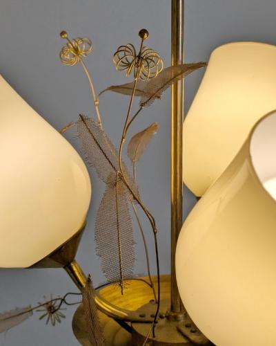 Floral Ceiling Lamp in Style of Paavo Tynell Brass and Glass Finland 1950s