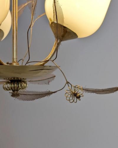 Floral Ceiling Lamp in Style of Paavo Tynell Brass and Glass Finland 1950s