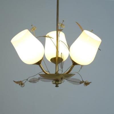 Floral Ceiling Lamp in Style of Paavo Tynell Brass and Glass Finland 1950s