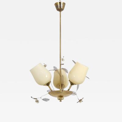 Floral Ceiling Lamp in Style of Paavo Tynell Brass and Glass Finland 1950s