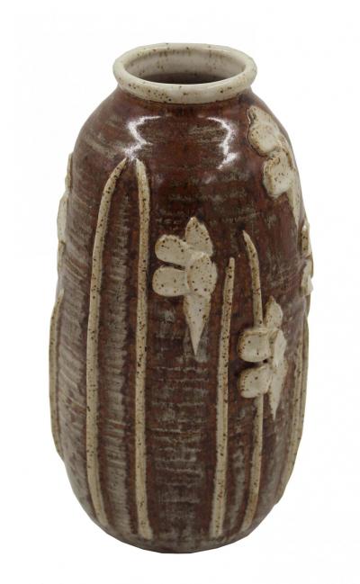 Floral Patterned Brown Earthenware Vase