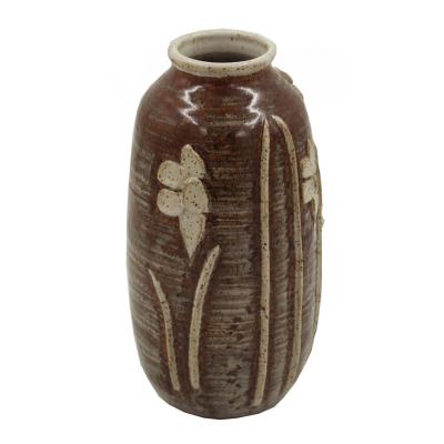 Floral Patterned Brown Earthenware Vase