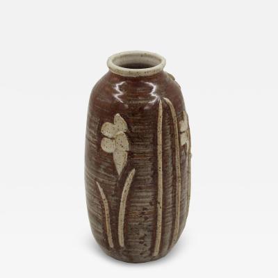 Floral Patterned Brown Earthenware Vase