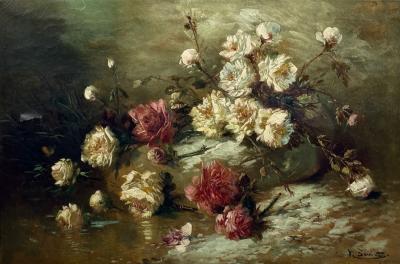 Floral Still Life Oil on Canvas A Fallen Vase with Flowers American 1920s