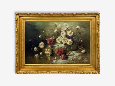 Floral Still Life Oil on Canvas A Fallen Vase with Flowers American 1920s