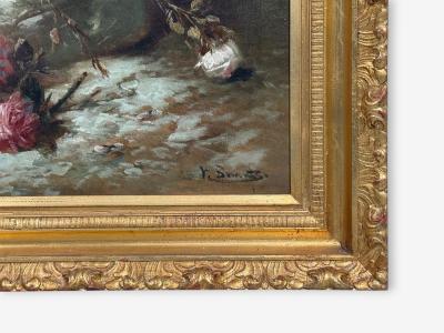 Floral Still Life Oil on Canvas A Fallen Vase with Flowers American 1920s
