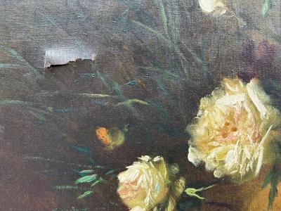 Floral Still Life Oil on Canvas A Fallen Vase with Flowers American 1920s