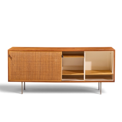 Florence Knoll Florence Knoll for Knoll Model 116 Walnut and Cane Sliding Door Credenza