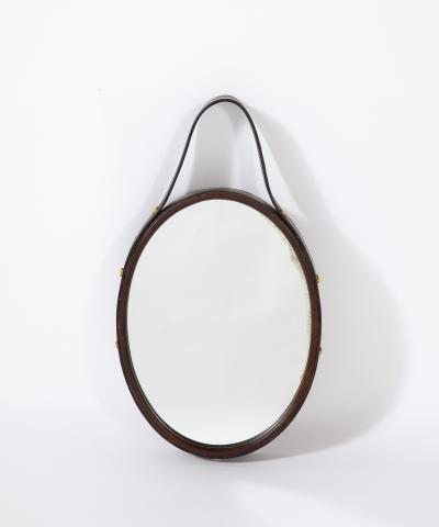 Florentine Leather Wrapped Oval Mirror Italy 1960s