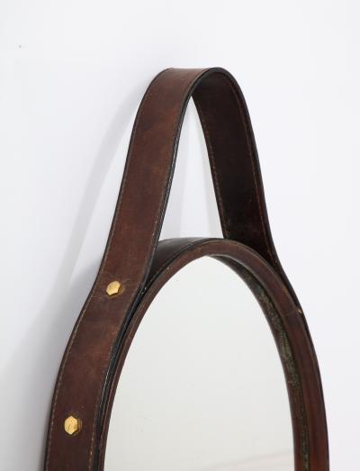 Florentine Leather Wrapped Oval Mirror Italy 1960s