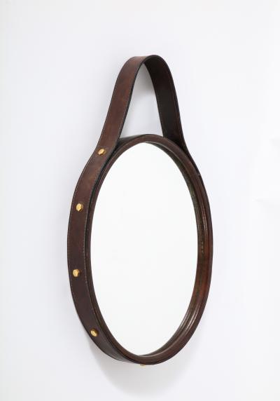 Florentine Leather Wrapped Oval Mirror Italy 1960s