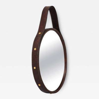 Florentine Leather Wrapped Oval Mirror Italy 1960s