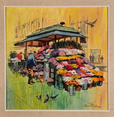 Flower Stall Union Square S F signed by Amado Gonz lez circa 1970