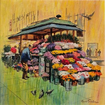 Flower Stall Union Square S F signed by Amado Gonz lez circa 1970