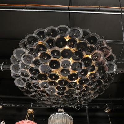 Flush Mount Murano Disc Chandelier in Black and Clear Glass and Brushed Brass