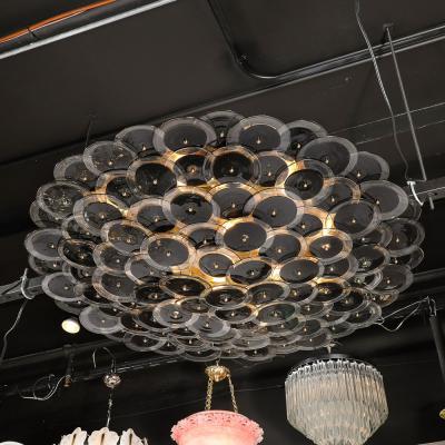 Flush Mount Murano Disc Chandelier in Black and Clear Glass and Brushed Brass