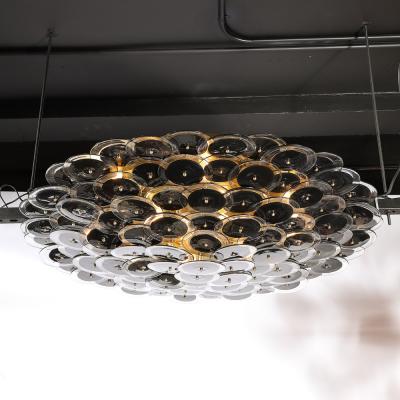 Flush Mount Murano Disc Chandelier in Black and Clear Glass and Brushed Brass
