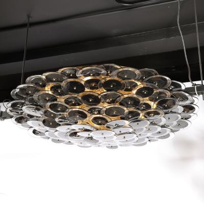 Flush Mount Murano Disc Chandelier in Black and Clear Glass and Brushed Brass
