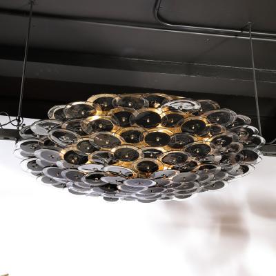 Flush Mount Murano Disc Chandelier in Black and Clear Glass and Brushed Brass