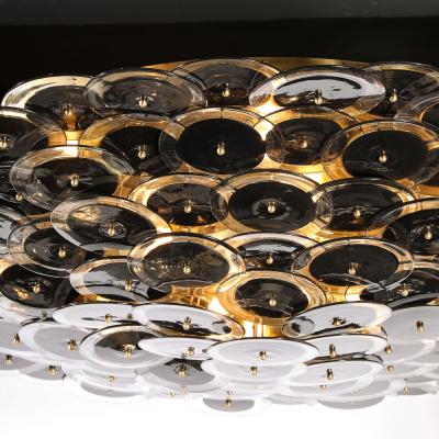 Flush Mount Murano Disc Chandelier in Black and Clear Glass and Brushed Brass