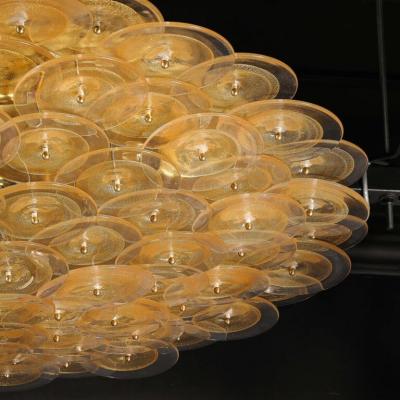 Flush Mount Murano Disc Chandelier in Gold and Clear Glass and Brushed Brass