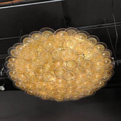 Flush Mount Murano Disc Chandelier in Gold and Clear Glass and Brushed Brass