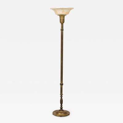 Fluted Brass Floor Lamp with White Foliate Patterned Pressed Glass Shade