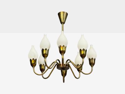 Fog M rup Tulip Chandelier Opal Glass Brass Denmark 1950s