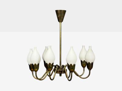 Fog M rup Tulip Chandelier Opal Glass Brass Denmark 1950s