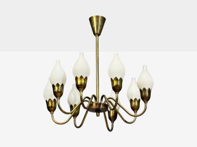 Fog M rup Tulip Chandelier Opal Glass Brass Denmark 1950s