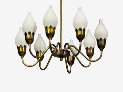 Fog M rup Tulip Chandelier Opal Glass Brass Denmark 1950s