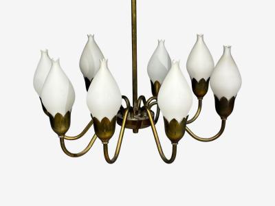 Fog M rup Tulip Chandelier Opal Glass Brass Denmark 1950s