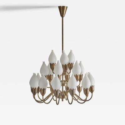 Fog Morup 21 Arm Tulip Chandelier with Brass and Milk Glass Denmark 1940s