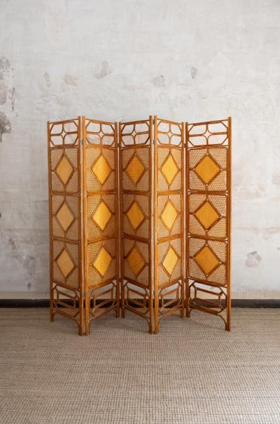 Folding Bamboo Screen With Woven Rush Panels 1970s
