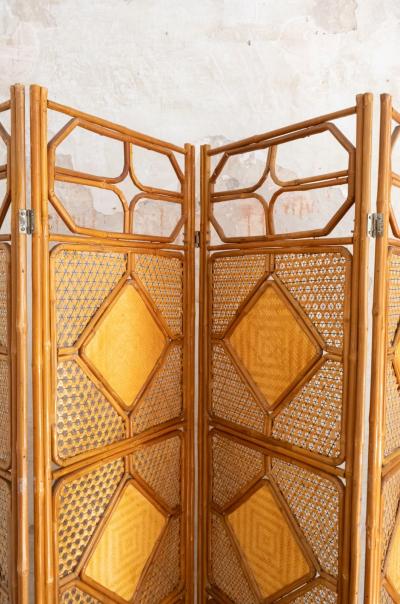 Folding Bamboo Screen With Woven Rush Panels 1970s