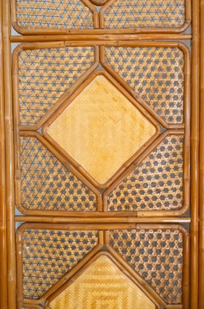 Folding Bamboo Screen With Woven Rush Panels 1970s
